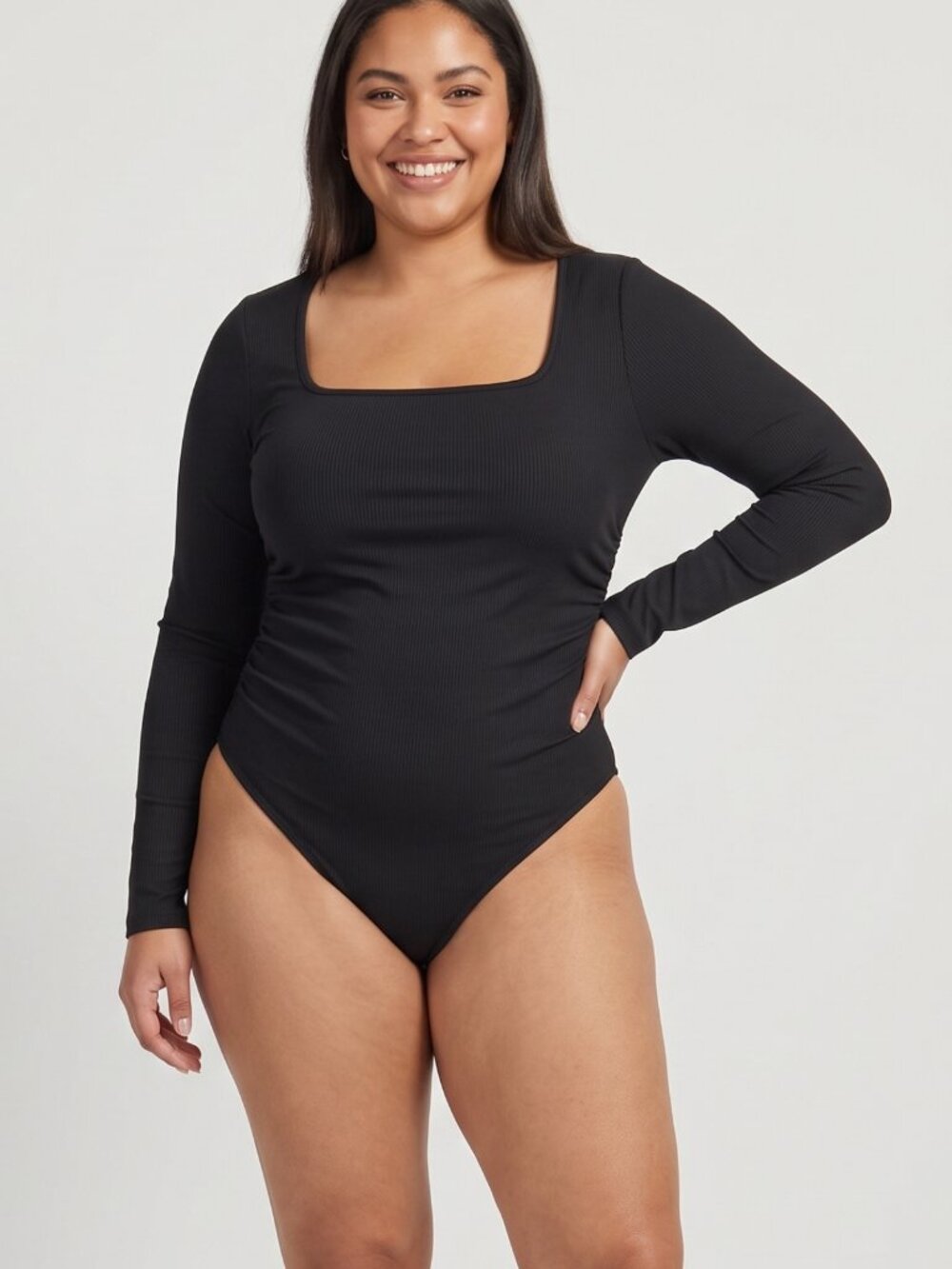 NWOT OQQ Black Square Neck Ribbed Long Sleeve Bodysuit Side Ruching Large